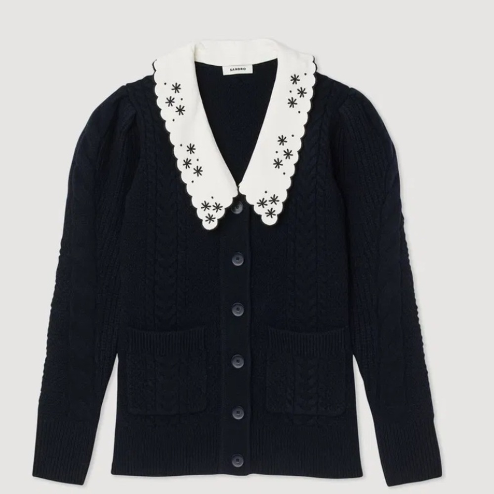 Sandro Navy Coatigan with Embroidered White Collar, XL